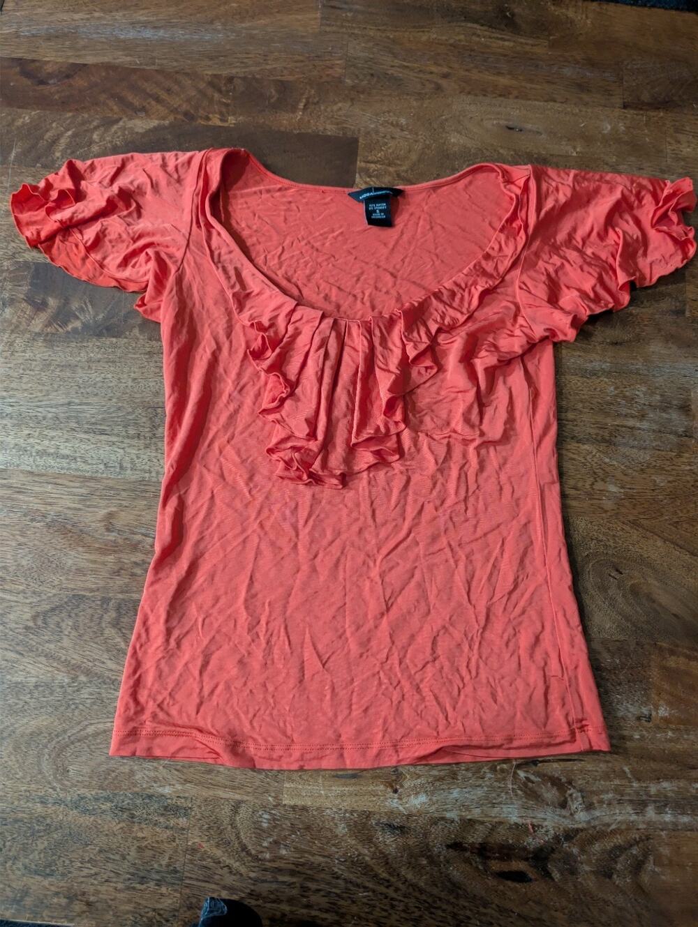 Moda International Size Small Women's Shirt Top Flutter Sleeve Red Stretcht EUC